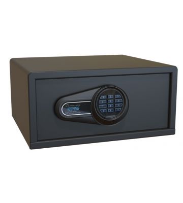 Vooraanzicht van de kluis met LCD scherm en toetsenbord aan