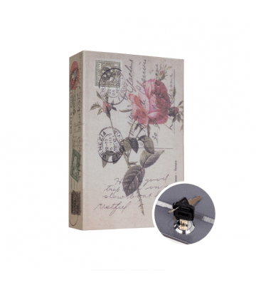 Boekkluis vooraanzicht met een roos afbeelding waarop een ansichtkaart met stempels en postzegels is afgedrukt